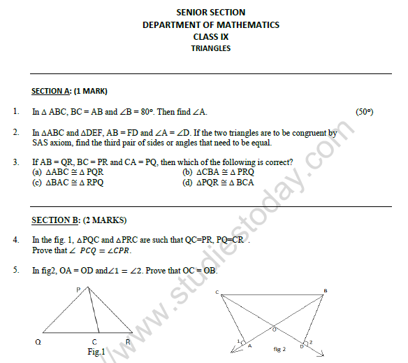 CBSE Class 9 Mathematics Triangles Worksheet Set A
